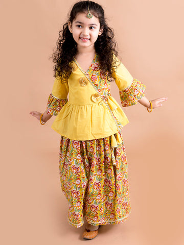 Pspeaches Girls Mustard Yellow Floral Printed Angrakha Pure Cotton Kurti With Palazzos (IW-Floralmustard)
