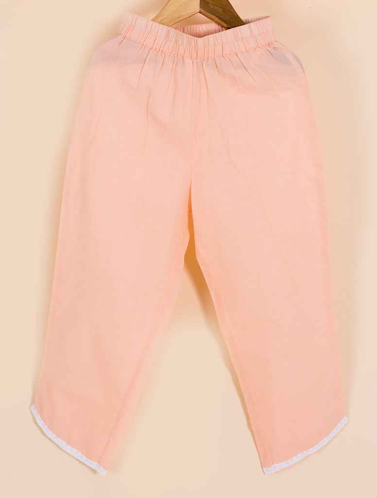 Pspeaches Girls Peach-Coloured Floral Printed Angrakha Pure Cotton Kurta With Trousers With Dupatta (KS-PEACHANGRA)