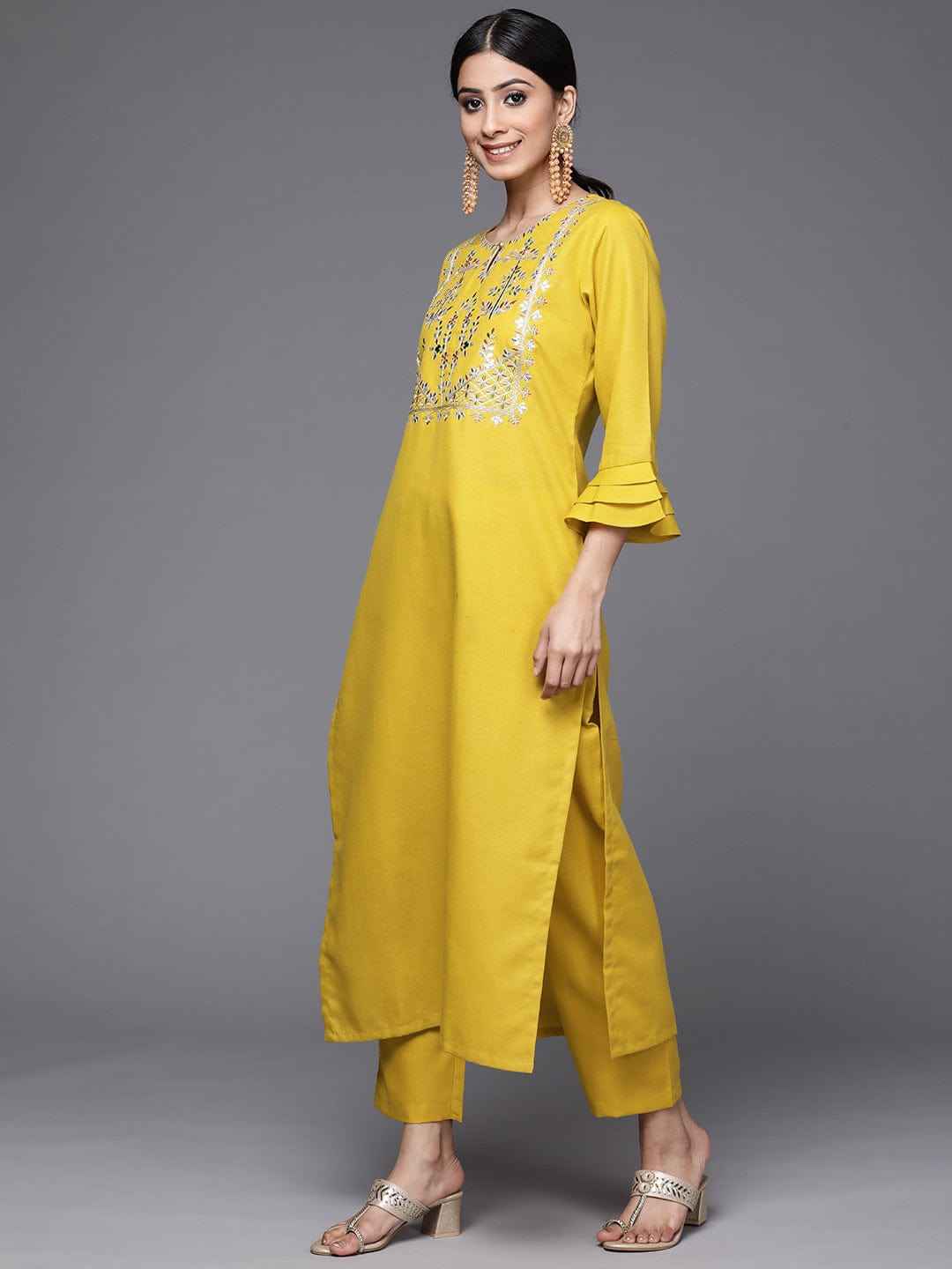 Women Yellow Yoke Design Kurta With Trousers And Dupatta Set