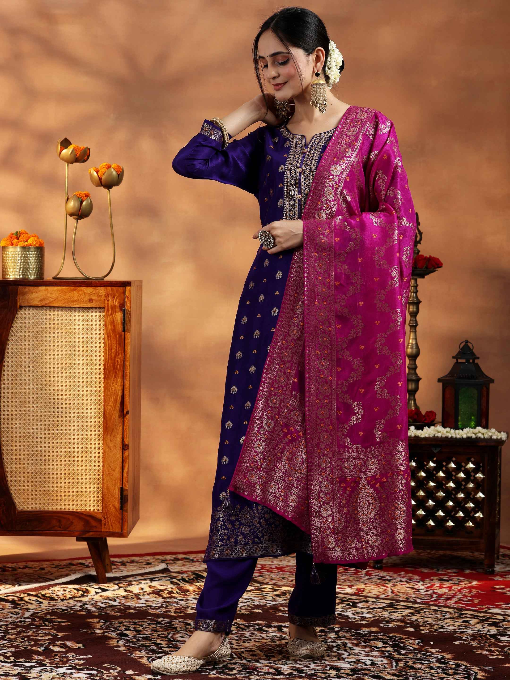 Purple Woven Design Silk Blend Straight Suit With Dupatta