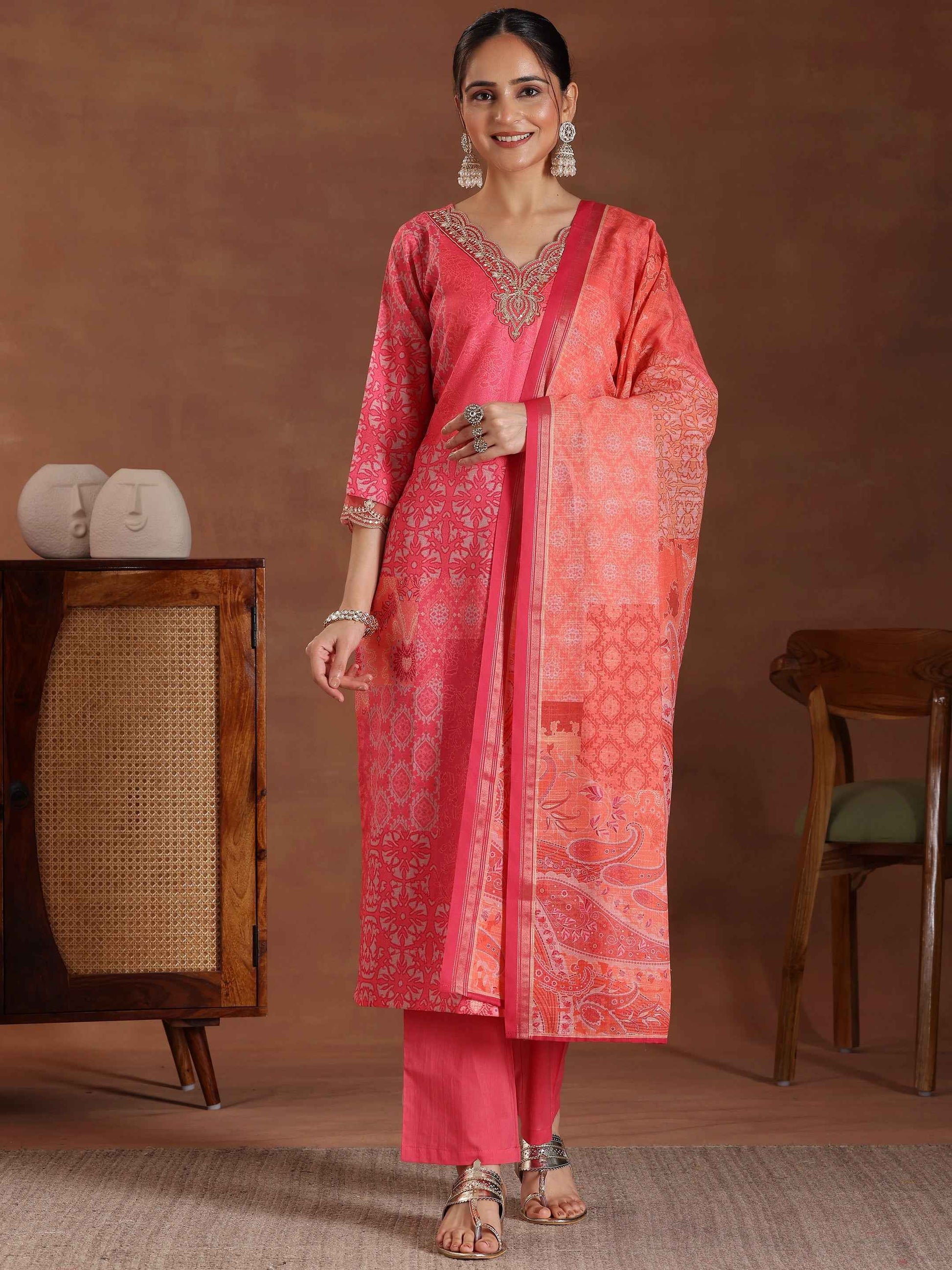 Pink Printed Cotton Blend Straight Suit With Dupatta