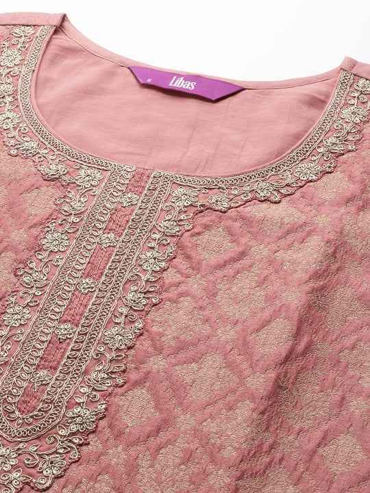Libas Women Peach-Coloured Floral Kurta with Trousers & Dupatta