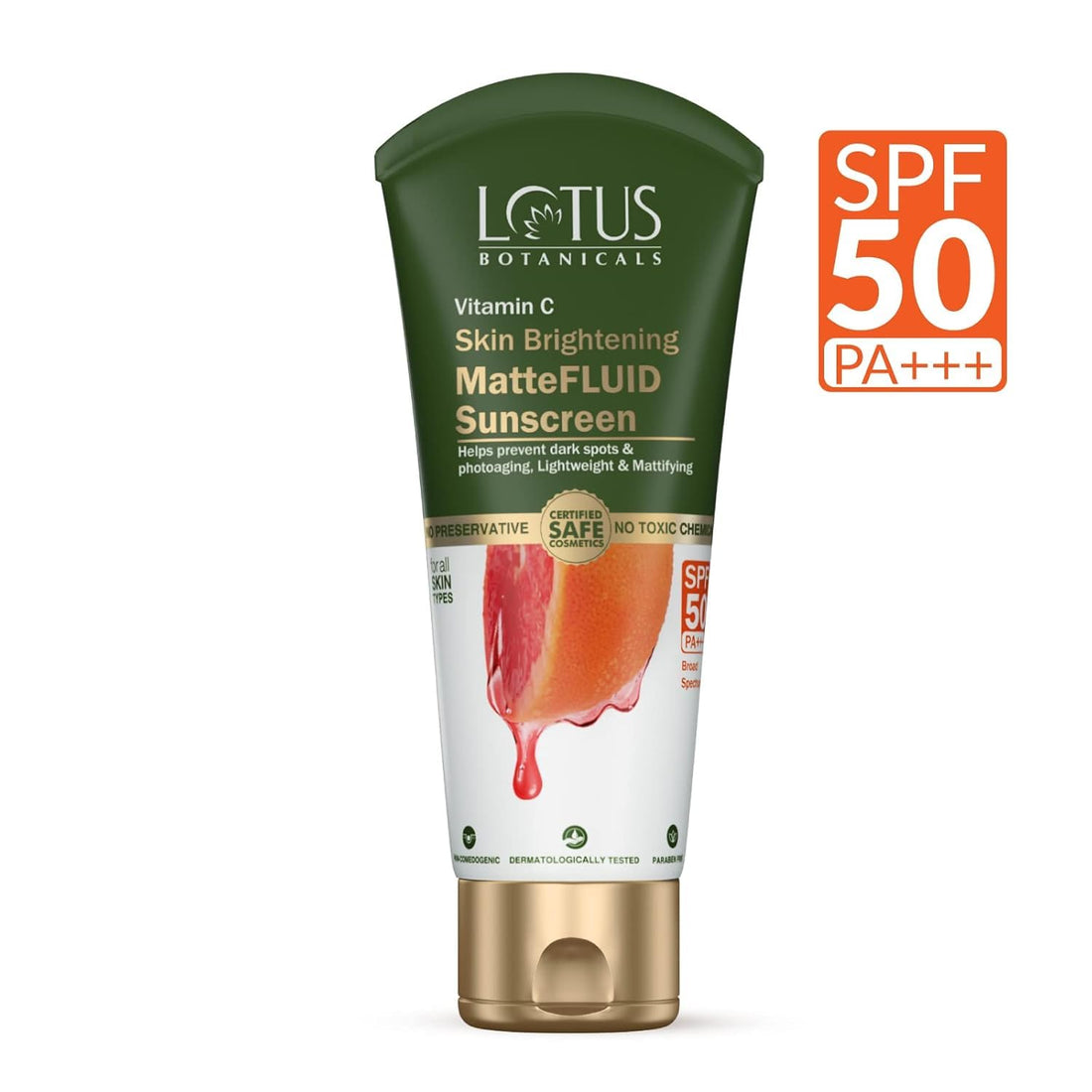 Lotus Botanicals Vitamin C Skin Brightening MatteFluid Sunscreen | SPF 50 | PA+++ | 100x Vitamin C | Protects from Sun, UV Rays | Brightens Skin | No White Cast | Water Resistant | No Preservatives | 75g
