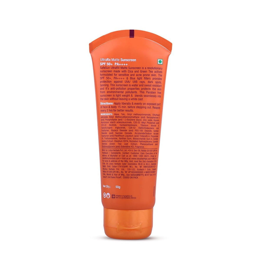 Lotus Herbals Safesun UltraRx Matte Sunscreen SPF 50 PA++++ | Cica & Green Tea | Water & Sweat Resistant | No White Cast | Dermatologically Tested | 50gm