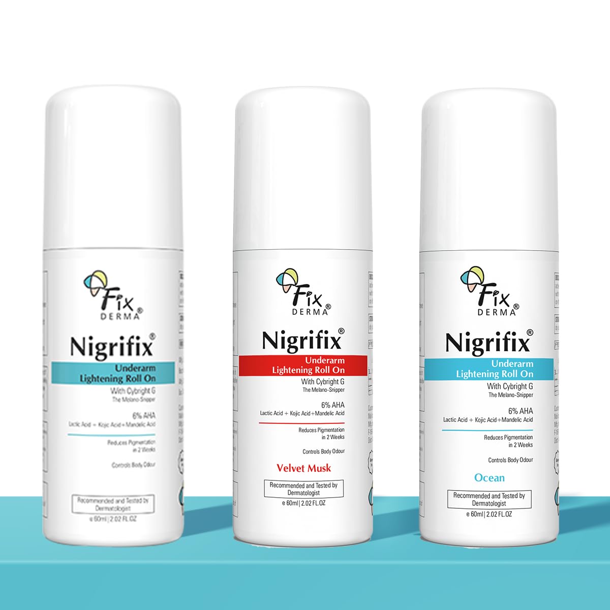 FIXDERMA Nigrifix Underarm Roll On With 6% AHA, Lactic Acid & 1% Mandelic Acid & Kojic Acid | Brightens Skin & Exfoliates Underarm | For Sensitive Skin - 60Ml (Pack Of 2), For Unisex