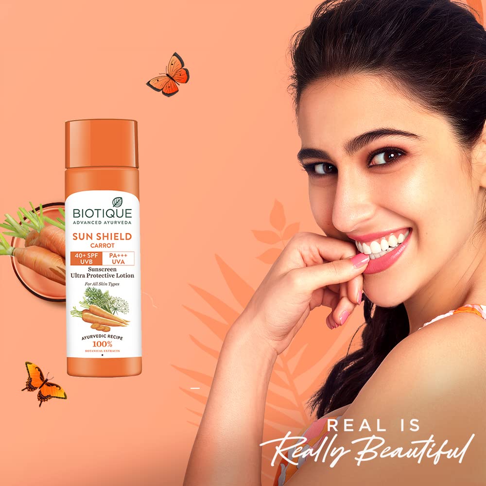 Biotique Bio Carrot Face & Body Sun Lotion | SPF 40 UVA/UVB Sunscreen | Prevents Ageing and Soothes Dry Skin| 100% Botanical Extracts | Suitable for All Skin Types | 190ml