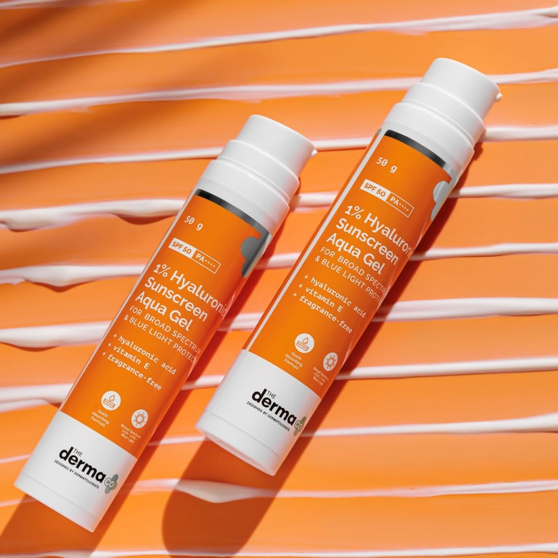 The Derma Co 1% Hyaluronic Sunscreen Aqua Gel SPF 50 PA++++ | Hyaluronic Acid for Deep, Long Lasting Hydration | Ultra Lightweight Texture I Non-Greasy, No White Cast | Broad Spectrum Protection & Blue Light Protection | For Men & Women | 50 g x 2