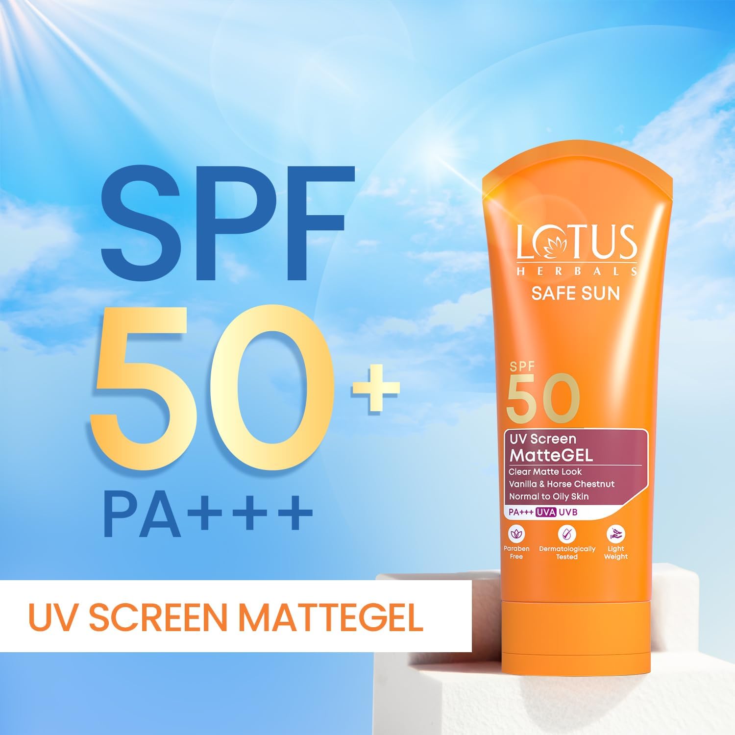 Lotus Herbals Safe Sun UV Screen Matte Gel Sunscreen with SPF 50 and PA+++ | UVA & UVB Protection | Comfrey, Vanilla, Horse Chestnut Extract | No White Cast | Suitable For Oily, Dry & Combination Skin | For Women & Men | 50g
