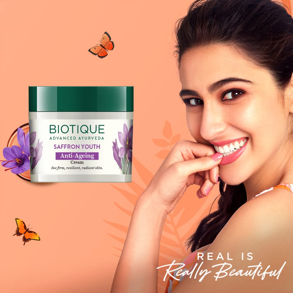 Biotique Bio Saffron Dew Youthful Moisturizer | Protects Skin Cells | Prevents Ageing and Retains Youthful Glow | 100% Botanical Extracts | Suitable for All Skin Types | 50g