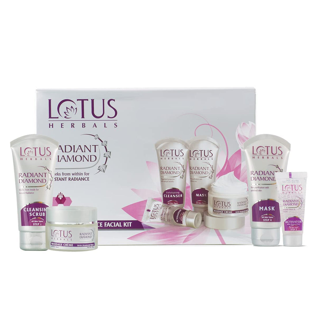 Lotus Herbals Radiant Diamond Cellular Radiance 5 In 1 Facial Kit | With Diamon Dust & Cinnamon | For Women & Men | For All Skin Types | 170g
