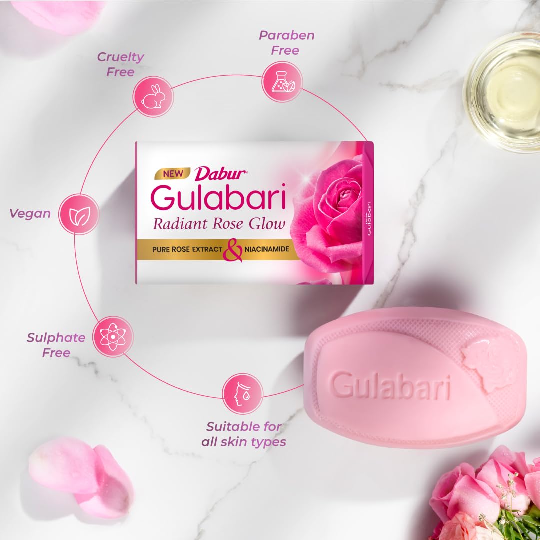Dabur Gulabari Pure Rose Soap 150g (Pack of 4) | Moisturizing Bathing Soap for Radiant Glowing Skin & Body | Glycerine & Niacinamide | Long Lasting Fragrance | For Men & Women