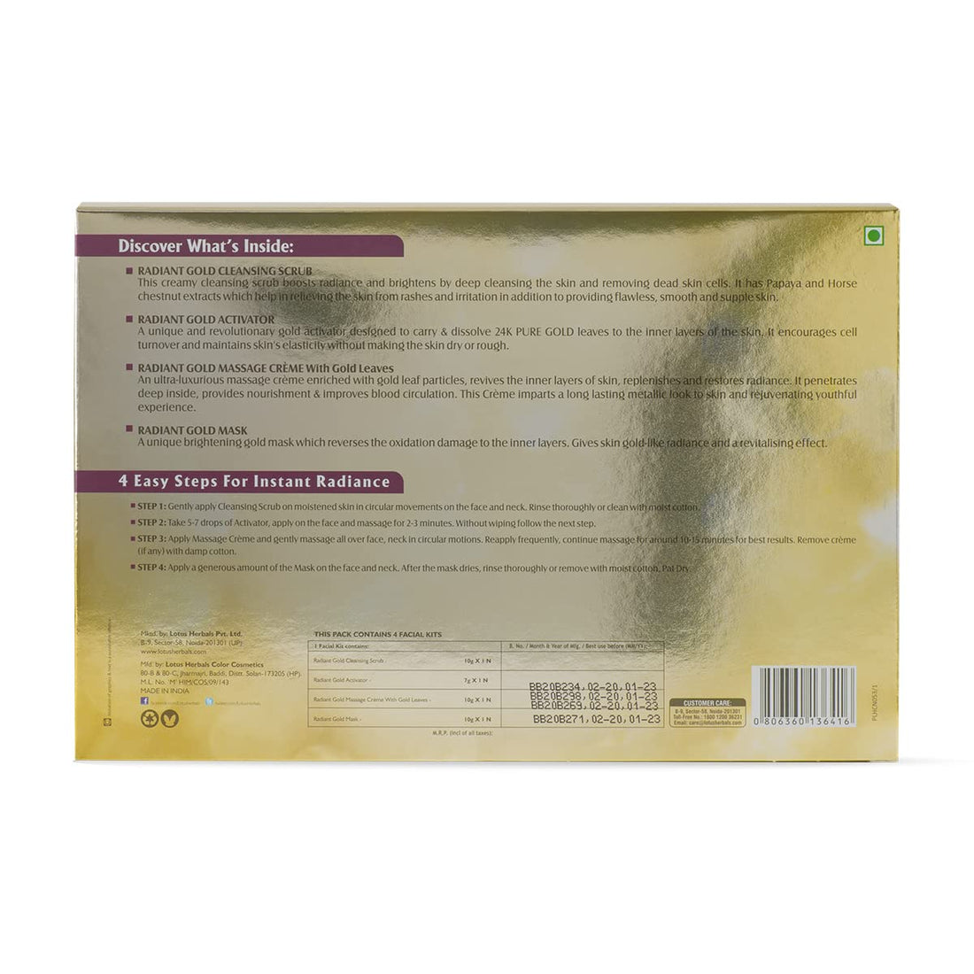 Lotus Herbals Lotus Radiant Gold Facial Kit For Instant Glow With 24K Pure Gold & Papaya ,4 Easy Steps 148G (4 Use)