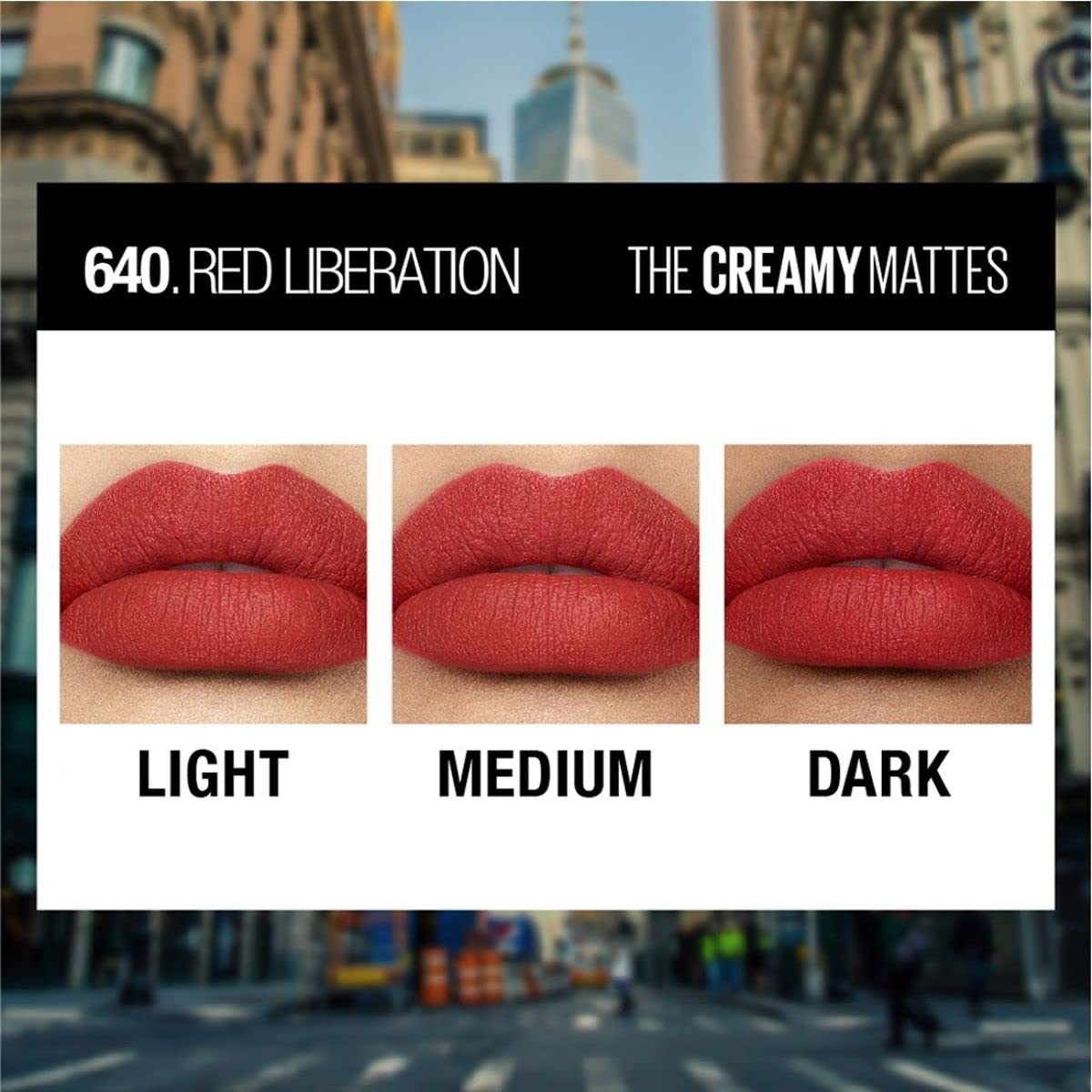 Maybelline New York Color Sensational Creamy Matte Lipstick lasts up to 12 Hours, Hydrate Lips, Rich Creamy Lipstick with Shea Butter, Comes in 42 Shades - 640 Red Liberation, 3.9g