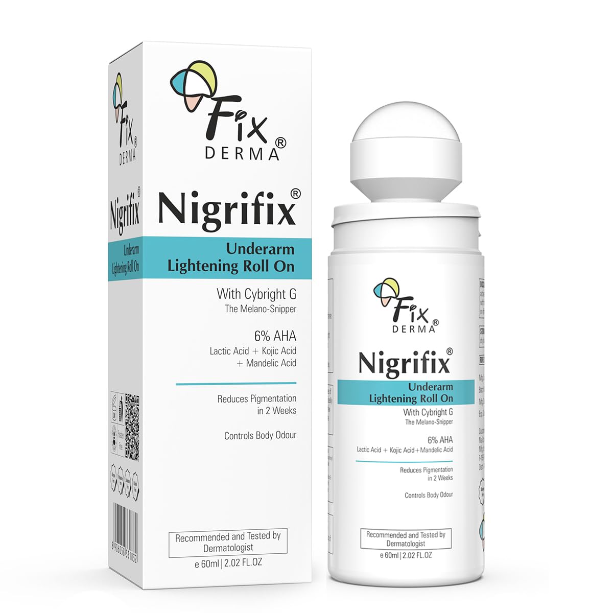 FIXDERMA Nigrifix Underarm Roll On With 6% AHA, Lactic Acid & 1% Mandelic Acid & Kojic Acid | Brightens Skin & Exfoliates Underarm | For Sensitive Skin - 60Ml (Pack Of 2), For Unisex