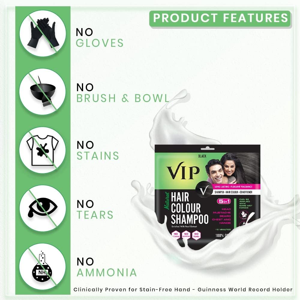 VIP HAIR COLOUR SHAMPOO Gel Shampoo- Black | Ammonia Free Hair Colour For Men And Women | 20Ml (Pack Of 12)