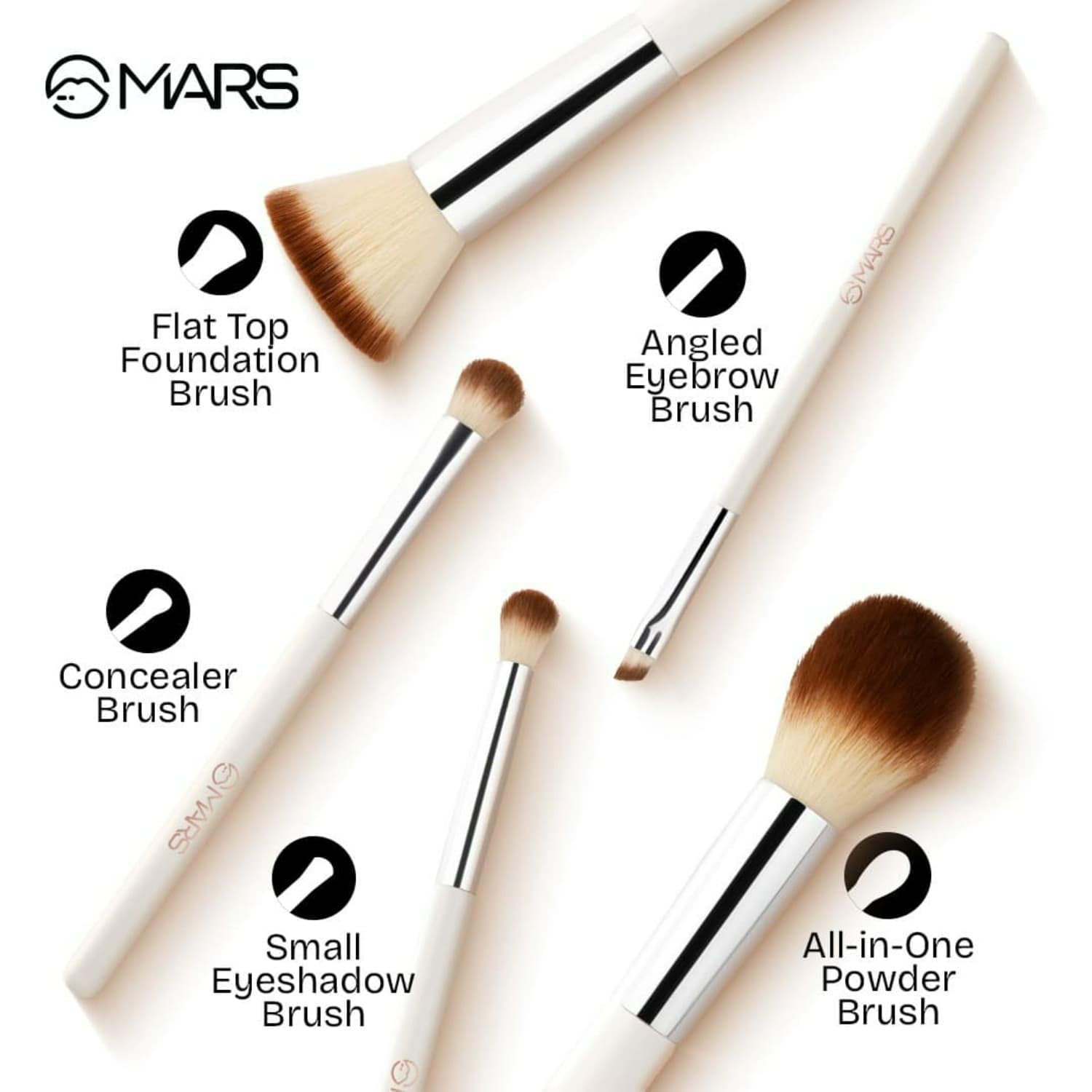MARS Penta Perfect Set of 5 Makeup Brush Set with Holder | Long-Lasting Soft & Synthetic Bristles | Versatile Use | Precise Application for Face, Eyes & Brows (WHITE)