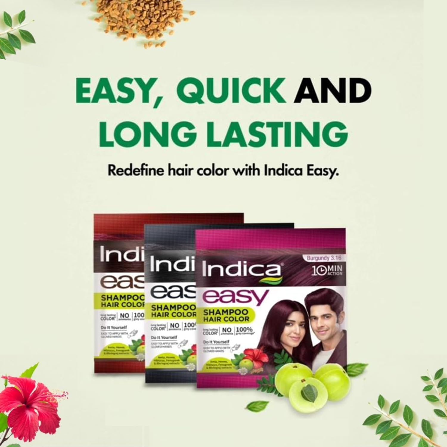 Indica 10-Minute Hair Color Shampoo | Free | Ammonia-Free with 5 Herbal Extracts | Long-Lasting Natural Black | Easy DIY Pack (12.5g+12.5ml) with Gloves