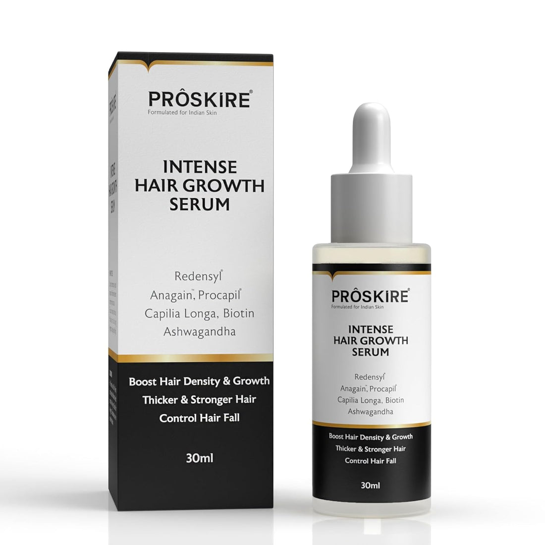 Proskire Intense Hair Growth Serum with Redensyl, Procapil, Anagain, Biotin & Ashwagandha | Boosts Hair Density & Thickness | Controls Hair Fall & Strengthens Roots | For Men & Women - 30ml