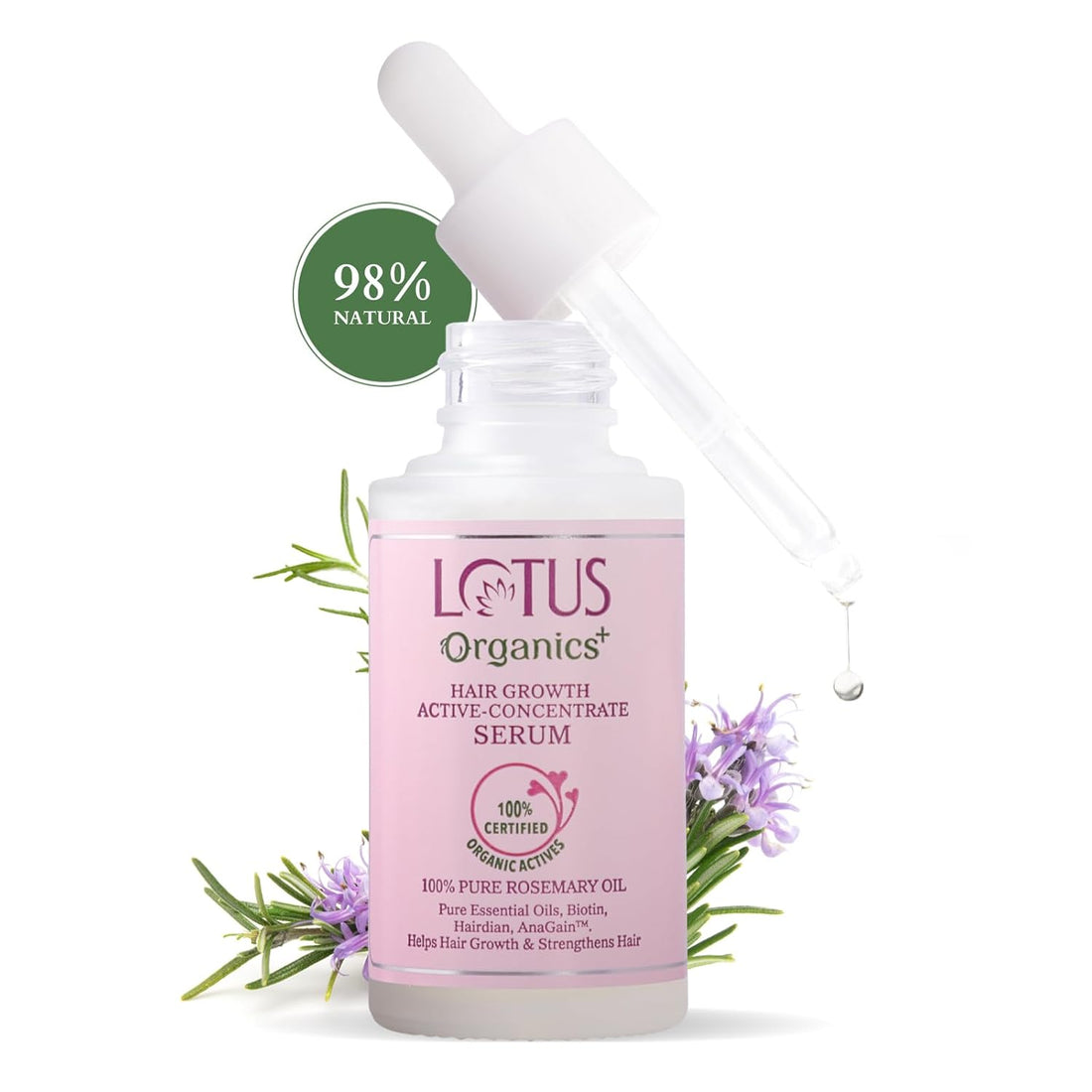 Lotus Organics+ Hair Growth Active Concentrate Serum | Made with 100% Organic Rosemary Oil, AnaGain & Hairdian | Boosts Hair Growth | Strengthens Hair Follicles | For All Hair Types | 28ml