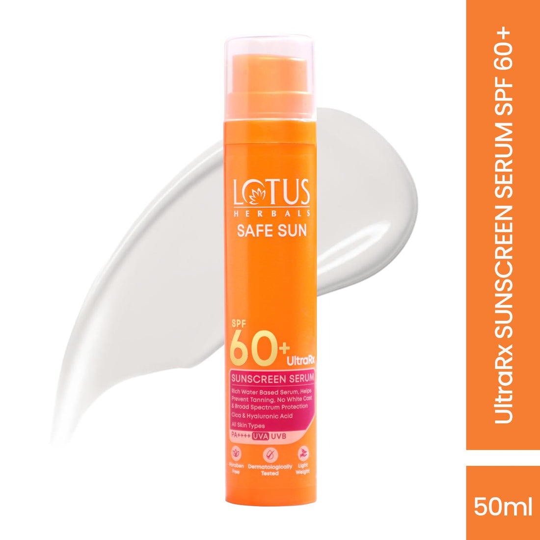 Lotus Herbals UltraRx Sunscreen Serum SPF 60+ PA++++ | No White Cast | No Breakouts | Cica & Hyaluronic | Dermatologically Tested | 50ml