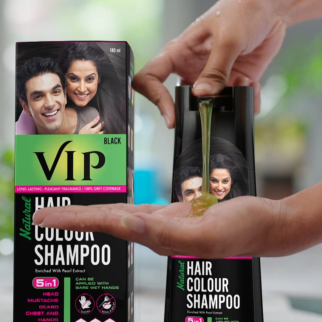 VIP HAIR COLOUR SHAMPOO 180ml Black for Men & Women | Alternate to Hair Dye | Salon Like Hair Color | Instant Beard Color - 100% Grey Hair Coverage