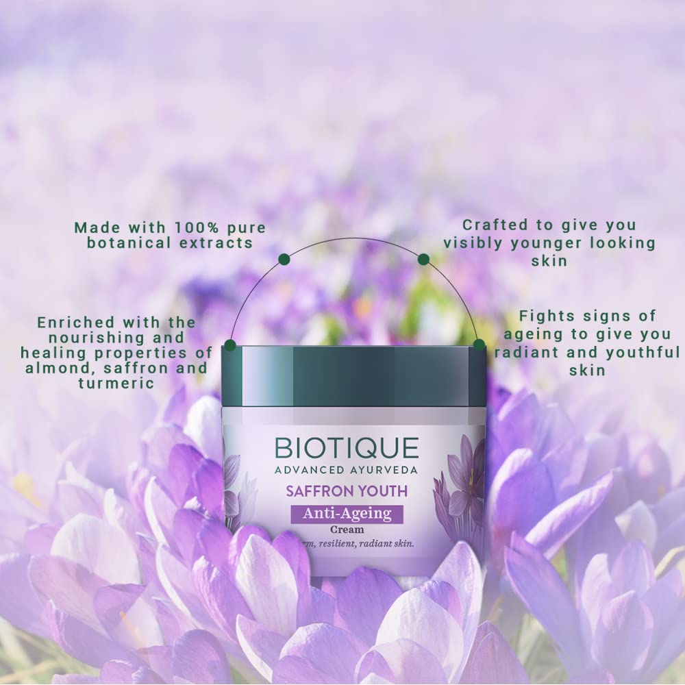 Biotique Bio Saffron Dew Youthful Moisturizer | Protects Skin Cells | Prevents Ageing and Retains Youthful Glow | 100% Botanical Extracts | Suitable for All Skin Types | 50g