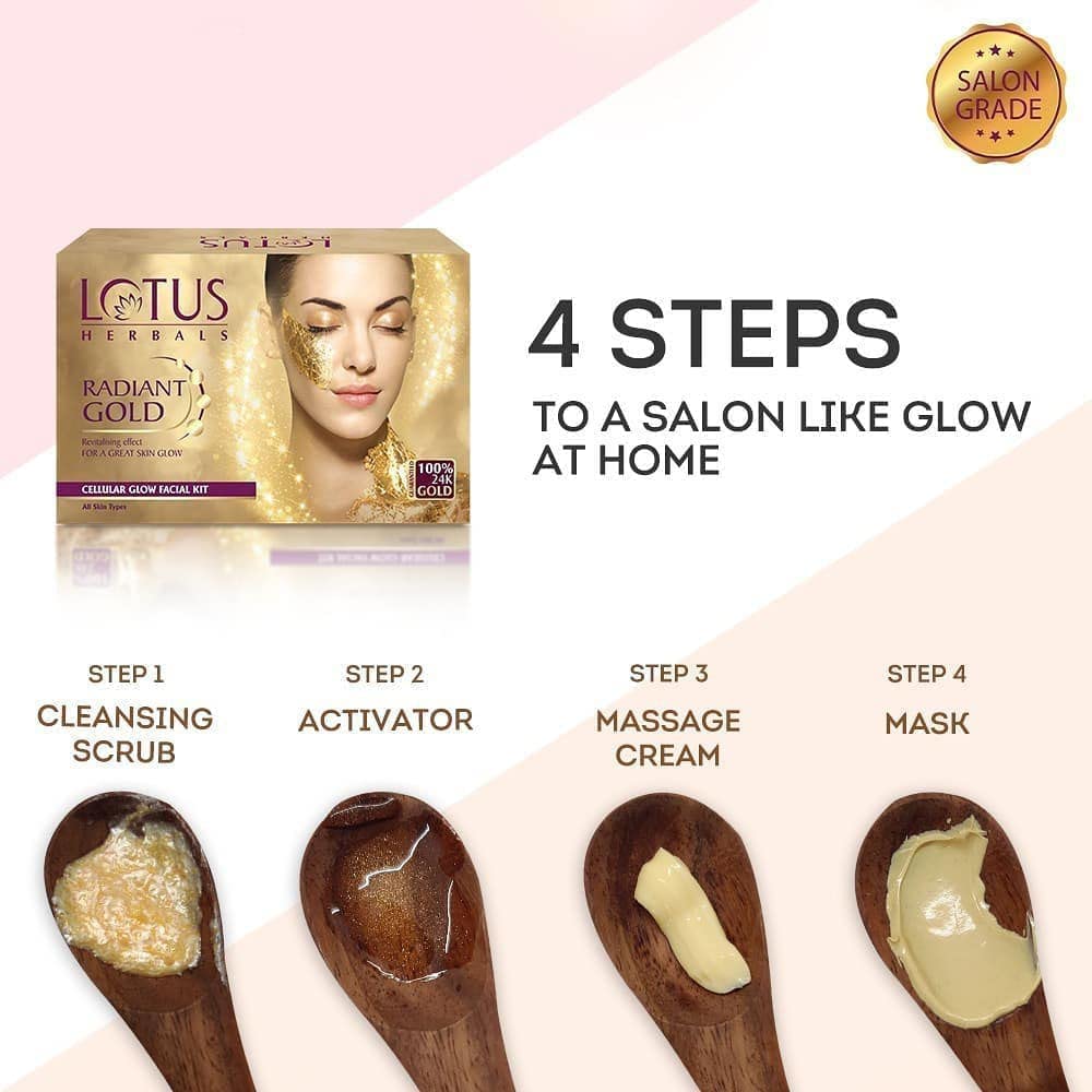 Lotus Herbals Radiant Gold Cellular Glow 1 Facial Kit | With 24K Gold Leaves | For Natural Golden Glow Skin | 37g - Dhevu