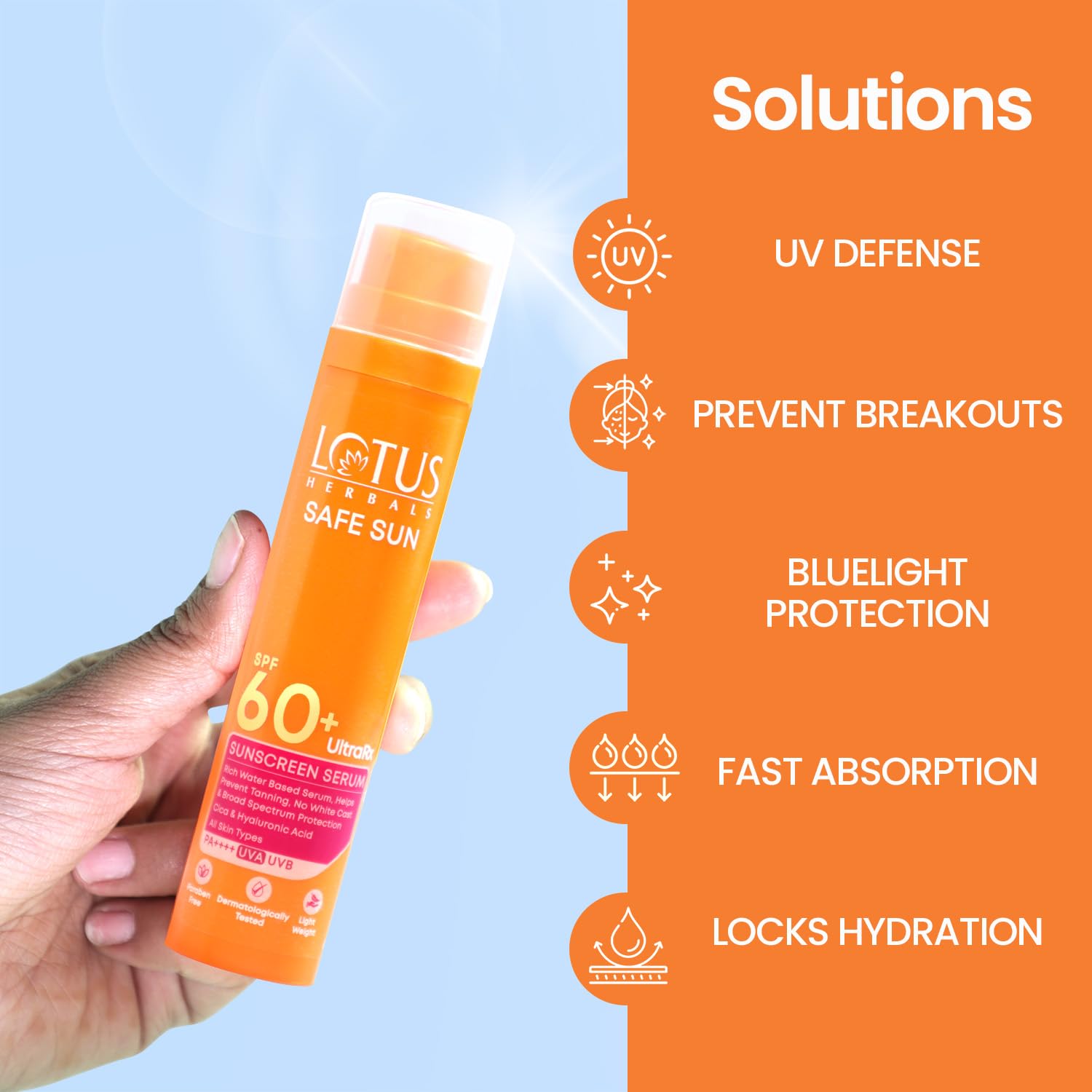 Lotus Herbals UltraRx Sunscreen Serum SPF 60+ PA++++ | No White Cast | No Breakouts | Cica & Hyaluronic | Dermatologically Tested | 50ml