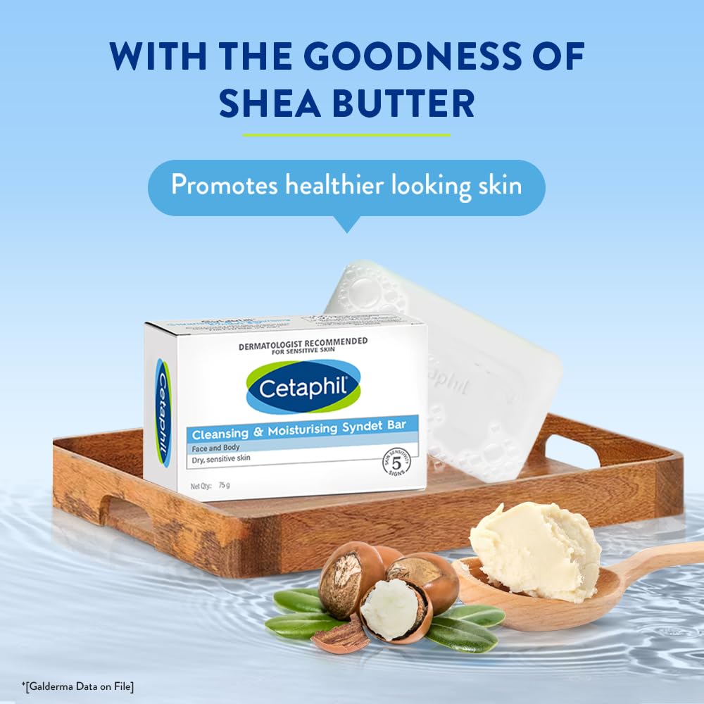 Cetaphil Cleansing and Moisturising Syndet Bar, Shea Butter, 300 g, Pack of 4