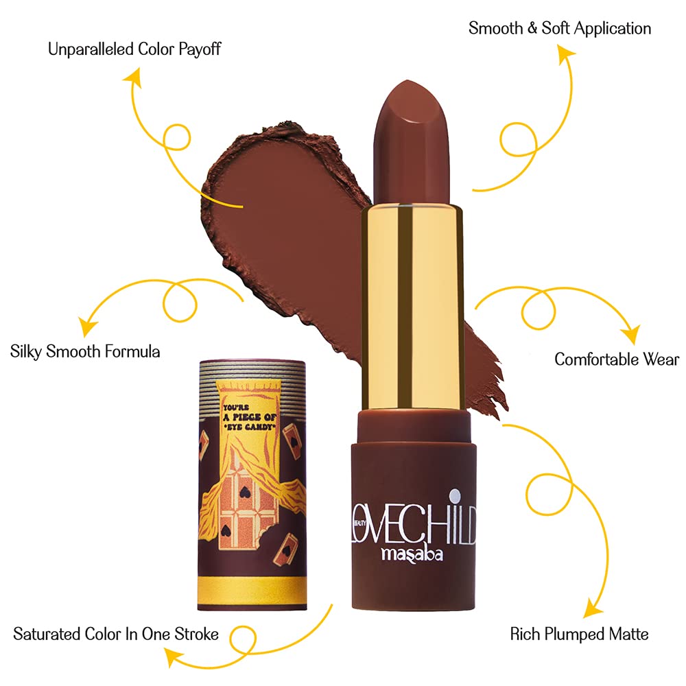 LoveChild Masaba - Barfee - Luxe Matte Lipstick Hydrating & Nourishing, Long lasting, Chocolate Brown Bullet Matte Lipstick, 4ML