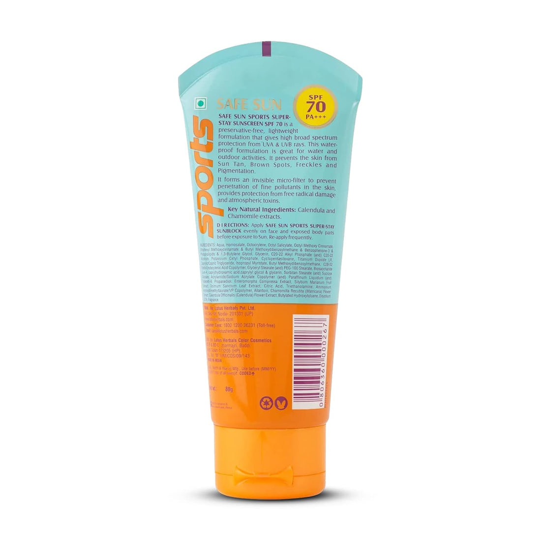 Lotus Herbals Safe Sun Sports Super Stay Sunscreen Cream For Dry Skin Spf 70 Pa+++, Sweat & Waterproof , Preservatives Free, 80G,1 Count