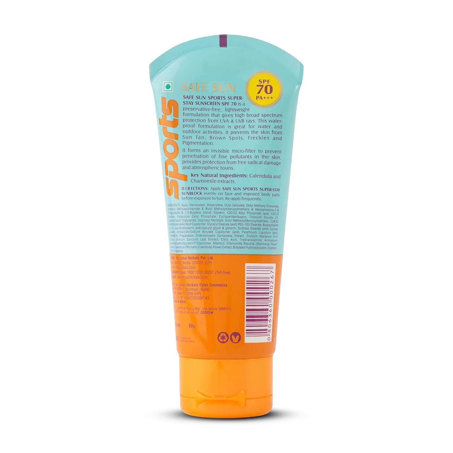 Lotus Herbals Safe Sun Sports Super Stay Sunscreen Cream For Dry Skin Spf 70 Pa+++, Sweat & Waterproof 80G - Dhevu