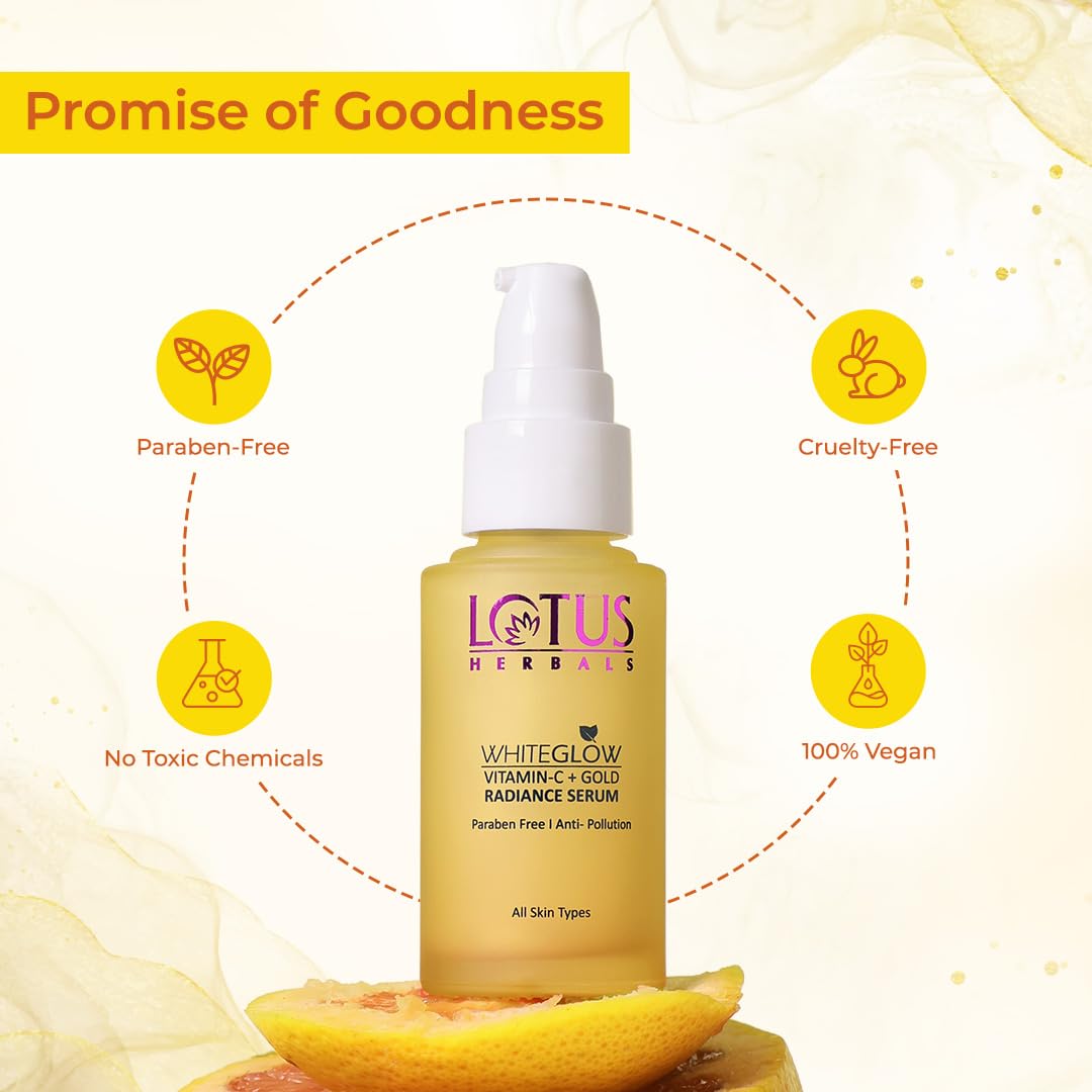 Lotus Herbals WhiteGlow Vitamin C and Gold Radiance Face Serum | Hydrating & Brightening Serum For Dark Spots, Dull & Uneven Skin Tone | Paraben-Free | For Women and Men| For Oily, Dry & Combination Skin| 30ml