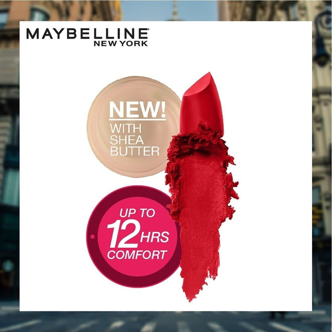 Maybelline New York Color Sensational Creamy Matte Lipstick lasts up to 12 Hours, Hydrate Lips, Rich Creamy Lipstick with Shea Butter, Comes in 42 Shades - 640 Red Liberation, 3.9g