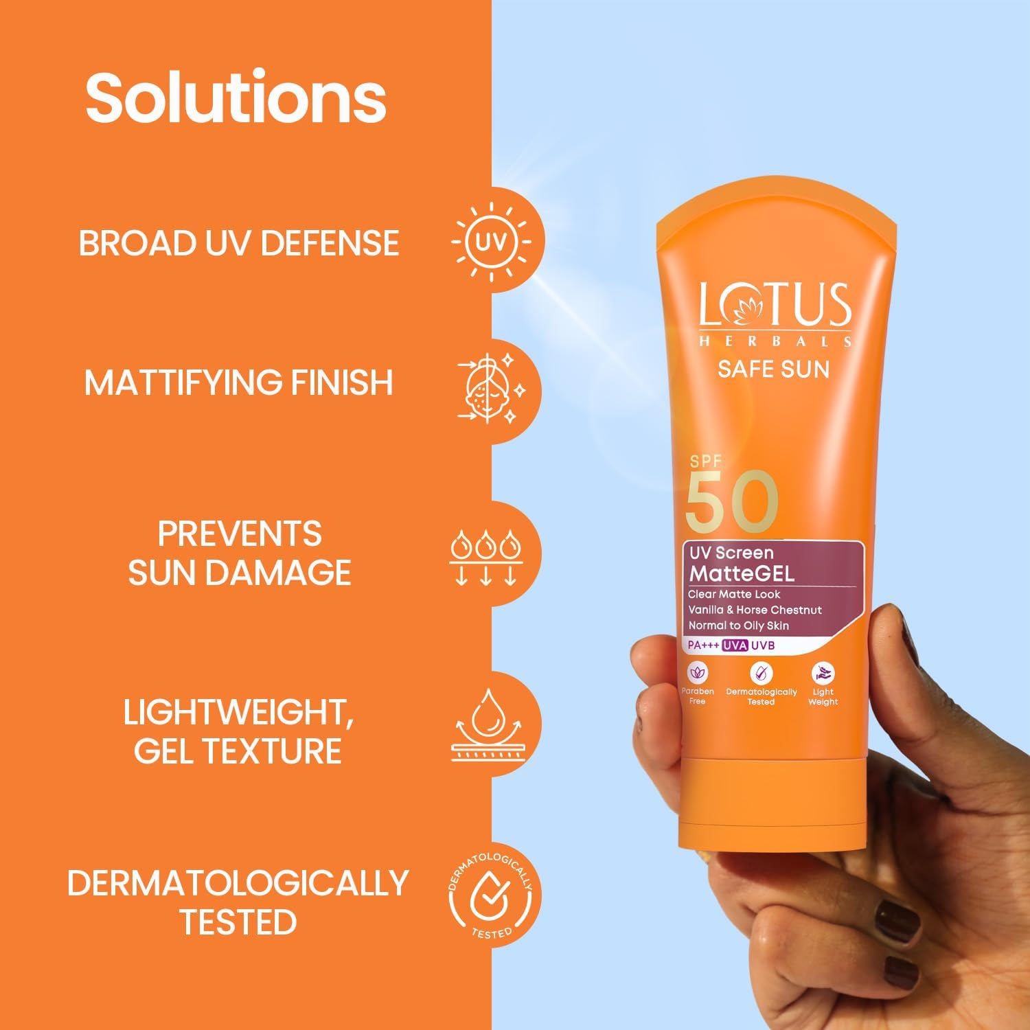Lotus Herbals Safe Sun UV Screen Matte Gel Sunscreen with SPF 50 and PA+++ | UVA & UVB Protection | Comfrey, Vanilla, Horse Chestnut Extract | No White Cast | Suitable For Oily, Dry & Combination Skin | For Women & Men | 50g