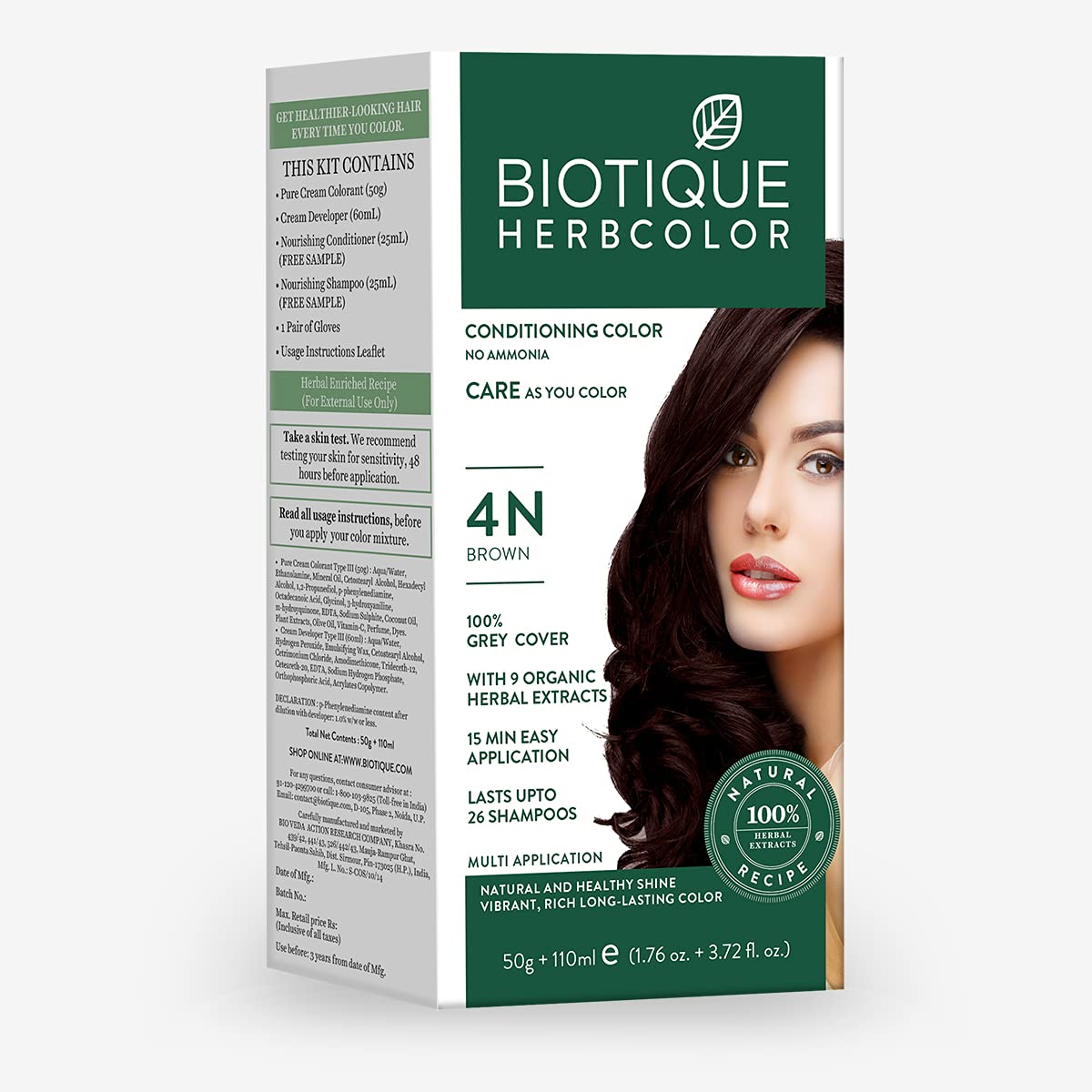 Biotique Herbcolor Conditioning Hair Colour l Ammonia Free Hair Color l 9 Organic Herbal Extracts l Natural and Healthy Shine l 50g + 110ml| Darkest Brown 3N (Pack of 1)
