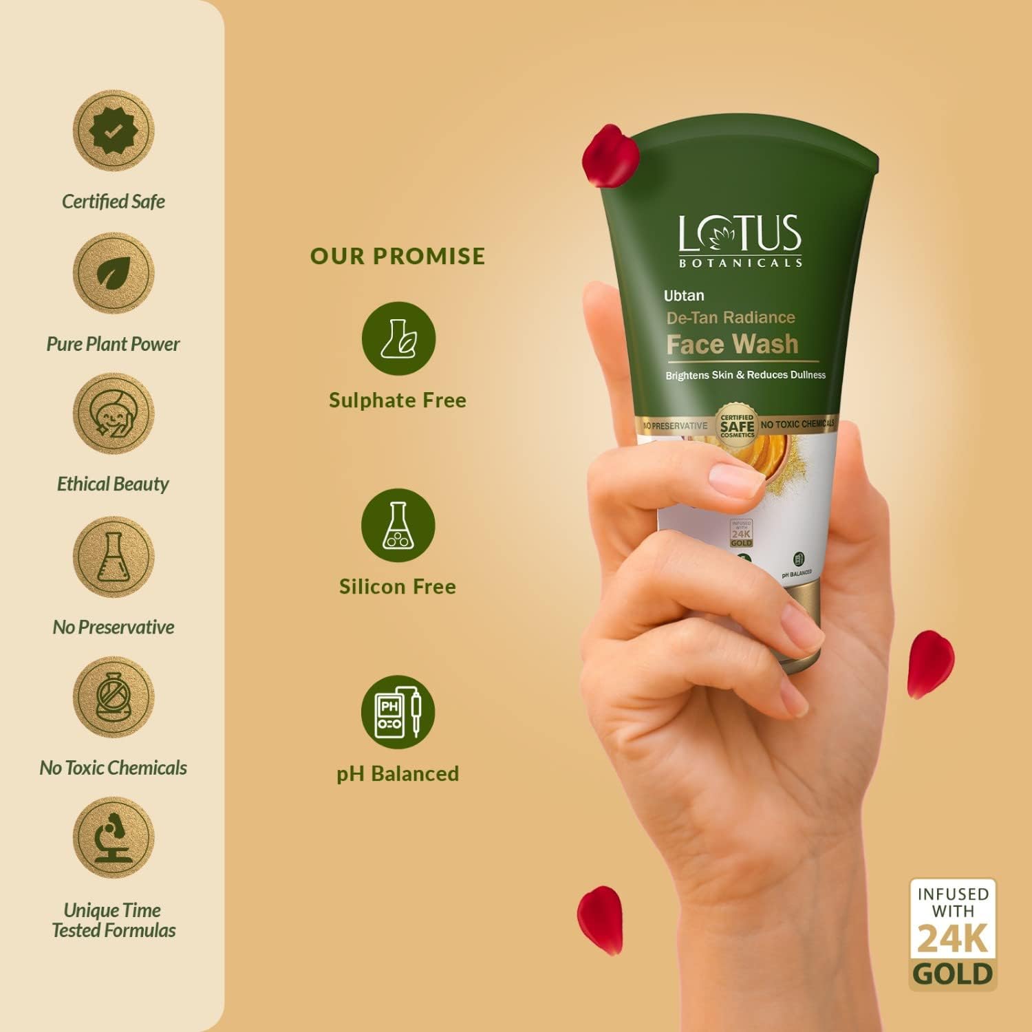 Lotus Botanicals Ubtan De-Tan Radiance Face Wash | Infused with 24K Gold | Bright & Glowing Skin | Removes Tan | No Silicon, No Sulphates, No Parabens, Non-Comedogenic, No Preservatives, No Toxic Chemicals | 100ml
