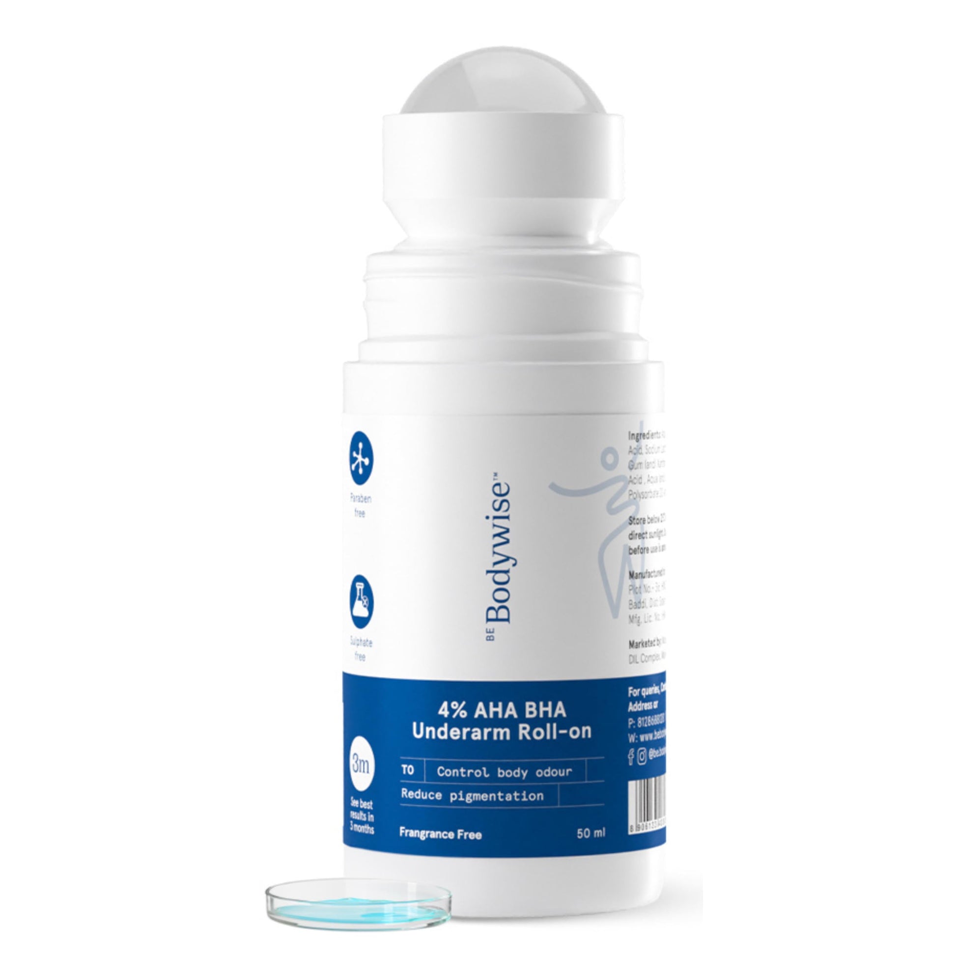 Be Bodywise 4% Aha Bha Underarm Roll On 50ml | 2% Lactic Acid, 1% Mandelic Acid, 1% Salicylic Acid | Controls Odour & Reduces Pigmentation | 0% Alcohol & 0% Aluminium | Aqua Fragrance
