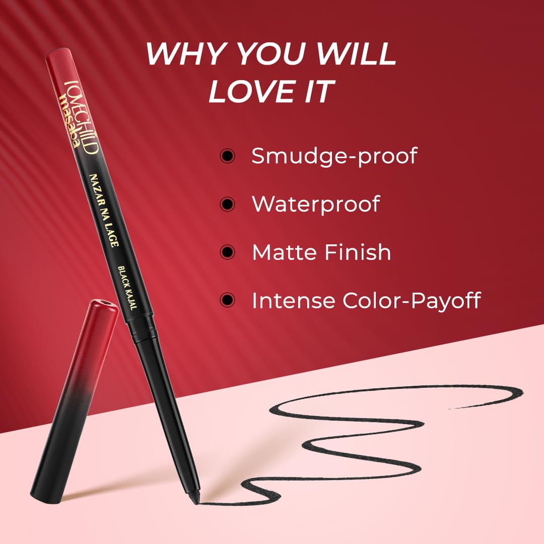 LoveChild Masaba Kajal Pencil Coal Black Matte - Smudge-proof & Waterproof, Long-lasting Deeply Pigmented Eyeliner for Women, Makeup Essential (0.36g)