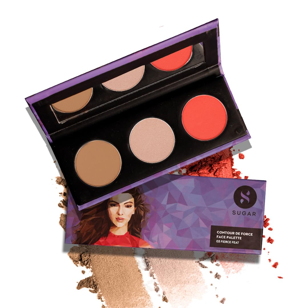 SUGAR Cosmetics Contour De Force Face Palette for Makeup | Includes Matte Bronzer, Highlighter & Blush | Makeup Palette with Built-in Mirror | 12.5gm - 02 Vivid Victory