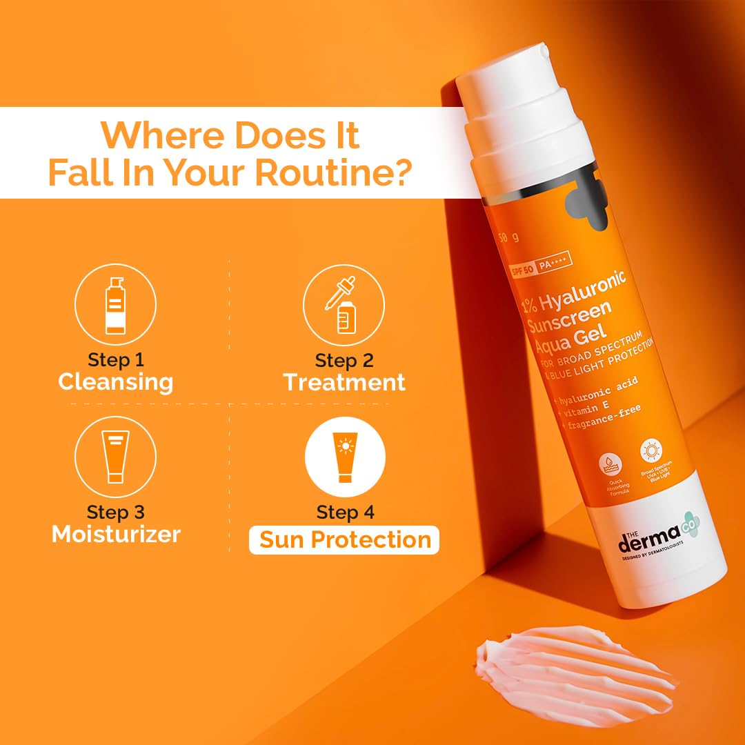 The Derma Co 1% Hyaluronic Sunscreen Aqua Gel SPF 50 PA++++ | Hyaluronic Acid for Deep, Long Lasting Hydration | Ultra Lightweight Texture I Non-Greasy, No White Cast | Broad Spectrum Protection & Blue Light Protection | For Men & Women | 50 g x 2