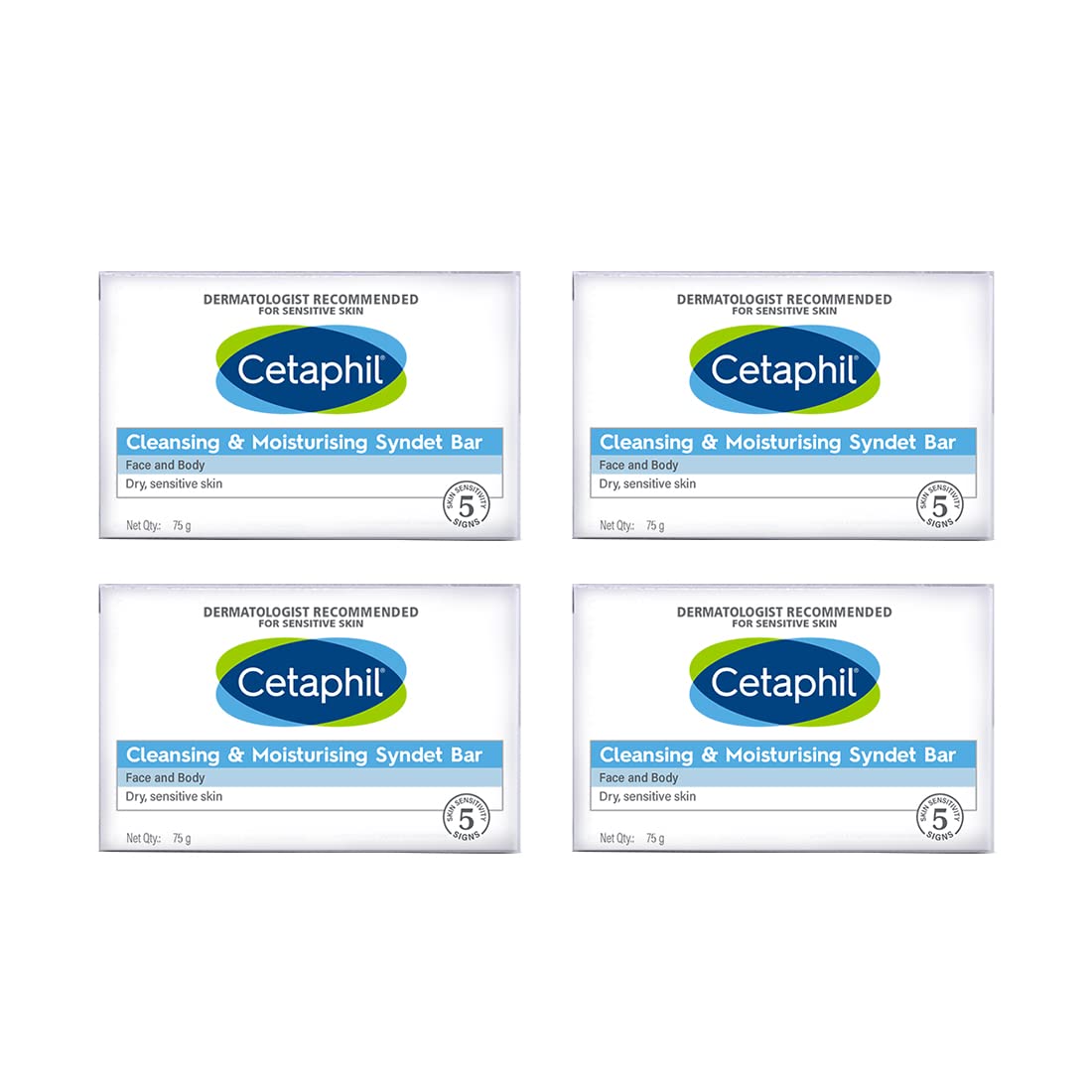 Cetaphil Cleansing and Moisturising Syndet Bar, Shea Butter, 300 g, Pack of 4