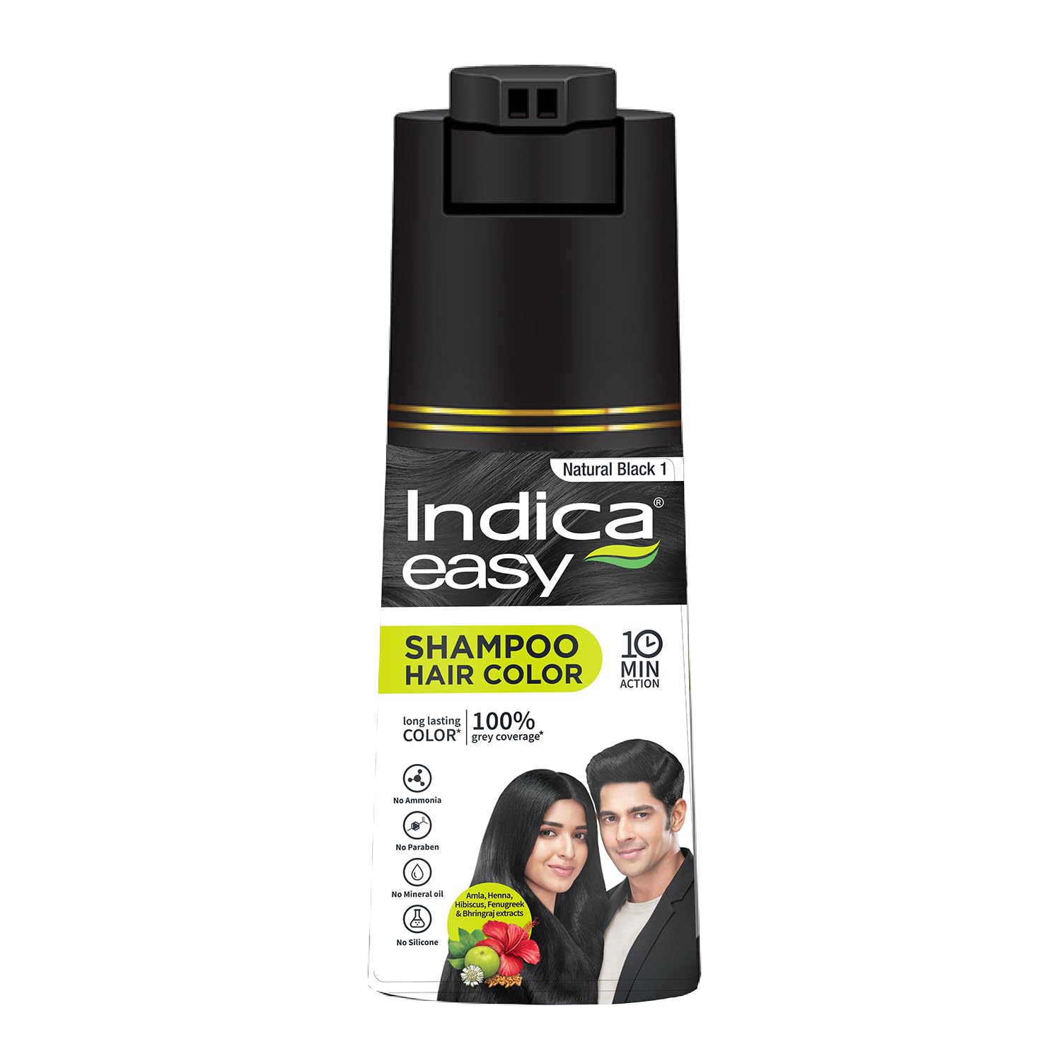 Indica Easy Do-It-Yourself Hair Color Shampoo Pump Pack with 5 Herbal Extracts and 100% Ammonia Free, Long Lasting Formula, 180 ML - Natural Black Colour (Gloves Included)