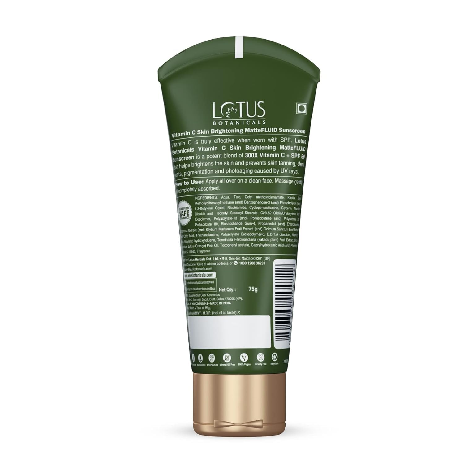 Lotus Botanicals Vitamin C Skin Brightening MatteFluid Sunscreen | SPF 50 | PA+++ | 100x Vitamin C | Protects from Sun, UV Rays | Brightens Skin | No White Cast | Water Resistant | No Preservatives | 75g