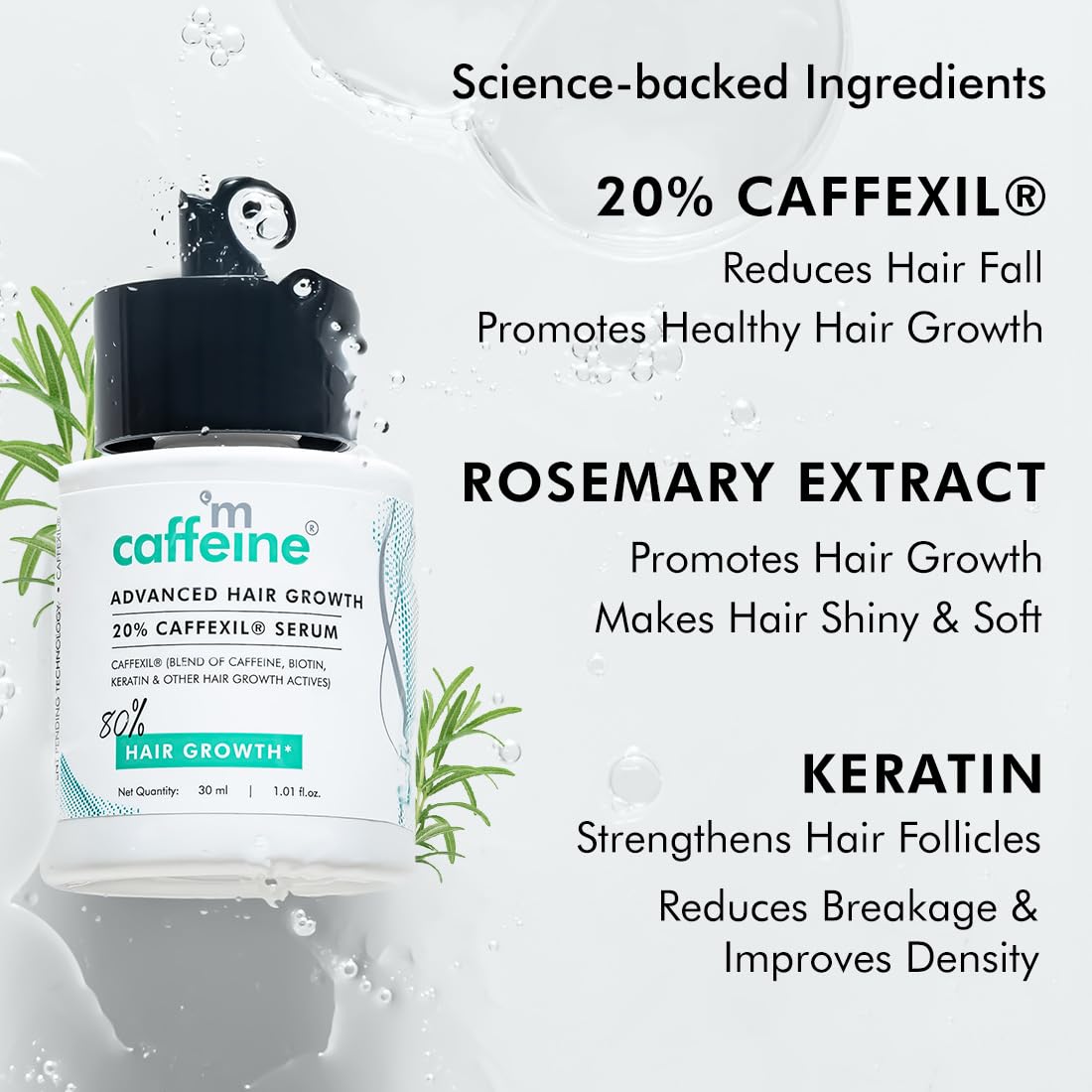 Mcaffeine Serum With 20% Caffexil Advanced, Biotin, Keratin & Rosemary | 80% Hair Growth, Increase Density & Control Fall | Nourishes Roots | For Women & Men - 30 Ml, 190G