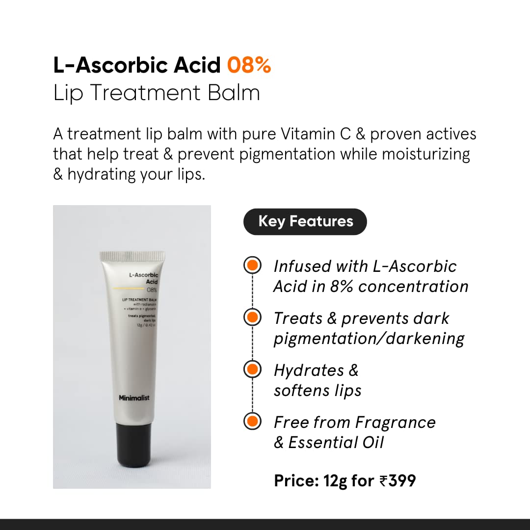 Minimalist Lip Treatment Balm for Pigmented & Dark Lips | 8% L-Ascorbic Acid with Vitamin E, Radianskin & Glycerine | For Women & Men | 12 gm