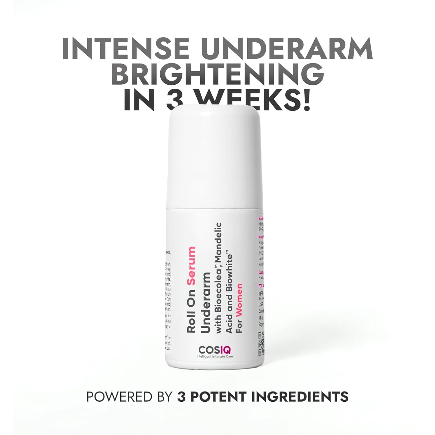 Cos-IQ Brightening Underarm Roll-On Serum for Women, 80ml | With Bioecolea, Mandelic Acid and Bio White | Prevents Body Odour, Brightens Skin & Exfoliates Underarms | 60 Days Pack