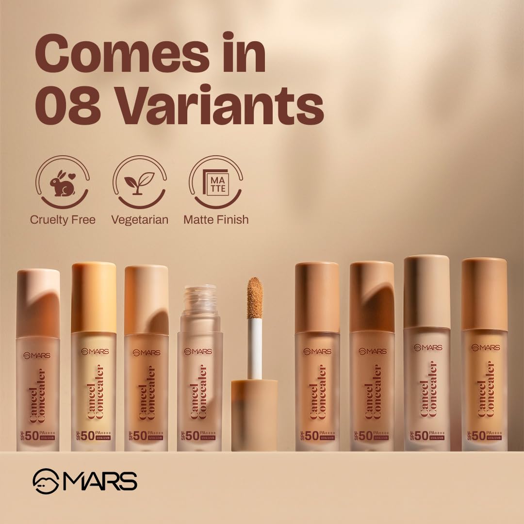 MARS Cancel Liquid Concealer for Face Makeup with Radiant Natural Finish | 07-Caramel Charm | 6.0 ml | Lightweight | Medium to High Coverage | Long-Lasting & Multi-Purpose | Crease Resistant
