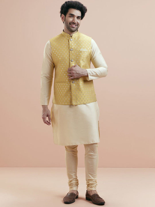 KISAH Mandarin Collar Jodhpuri Straight Kurta With Churidar & Nehru jacket