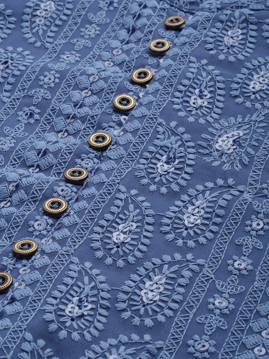 House of Pataudi Men Blue Paisley Regular Jashn Kurta with Patiala